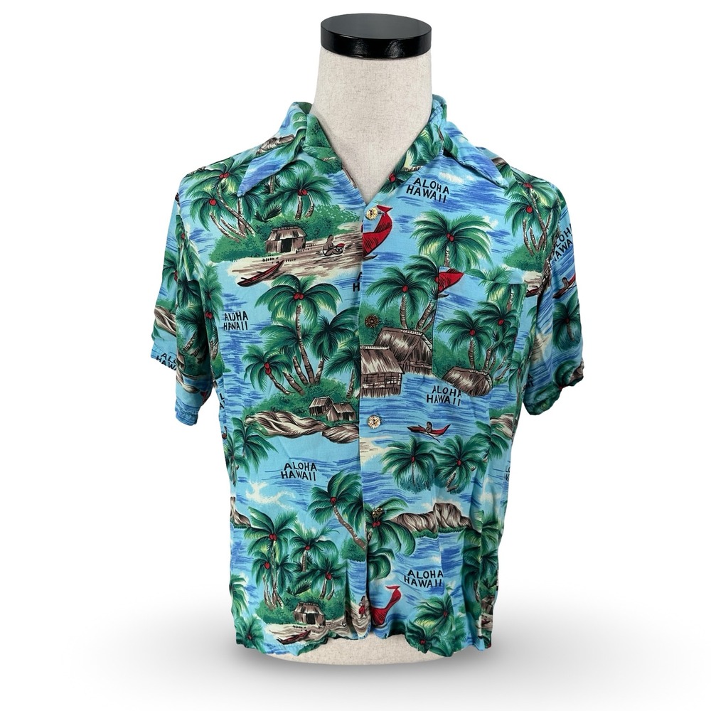 Vintage Island Fashions Men Hawaiian Shirt Medium Blue Aloha Hulu Rayon 70s